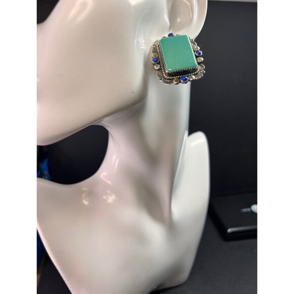 Signed Vintage Dead Stock Bernyse Chavez Sterling Turquoise Lapis Earrings - Picture 10 of 15